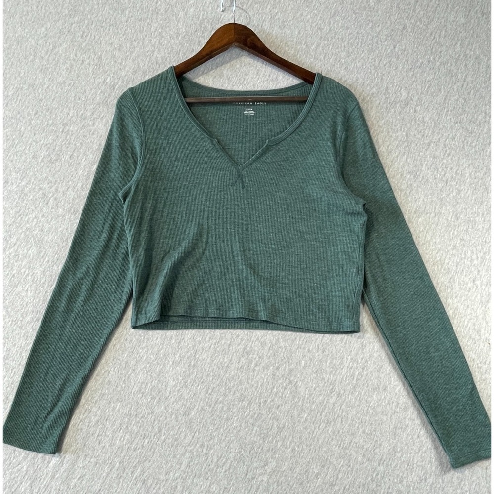 American Eagle Outfitters Waffle Knit Cropped Top Womens Large Green Notch Neck